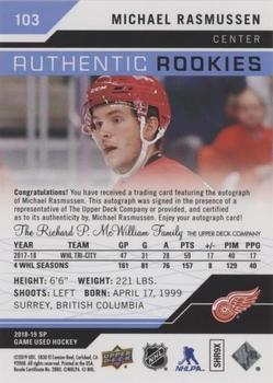 2018-19 SP Game Used - Blue Autographs #103 Michael Rasmussen Back