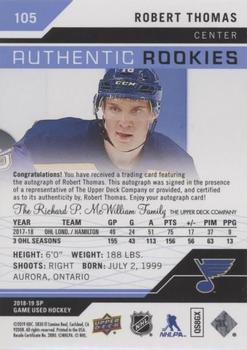 2018-19 SP Game Used - Blue Autographs #105 Robert Thomas Back