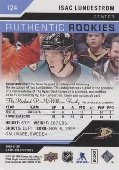 2018-19 SP Game Used - Blue Autographs #124 Isac Lundestrom Back