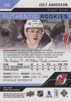 2018-19 SP Game Used - Blue Autographs #130 Joey Anderson Back
