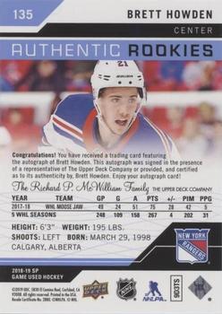 2018-19 SP Game Used - Blue Autographs #135 Brett Howden Back
