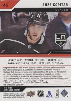 2018-19 SP Game Used - Red Autograph Jersey #45 Anze Kopitar Back