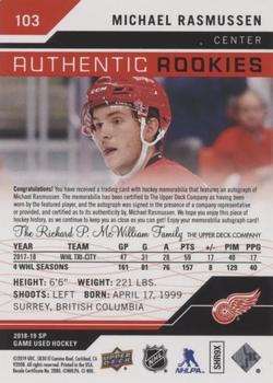 2018-19 SP Game Used - Red Autograph Jersey #103 Michael Rasmussen Back