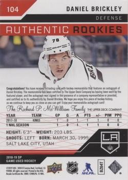 2018-19 SP Game Used - Red Autograph Jersey #104 Daniel Brickley Back