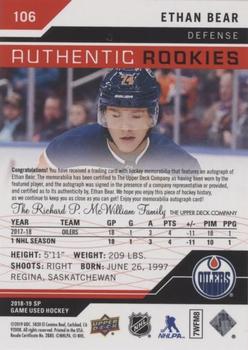 2018-19 SP Game Used - Red Autograph Jersey #106 Ethan Bear Back