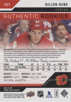 2018-19 SP Game Used - Red Autograph Jersey #107 Dillon Dube Back
