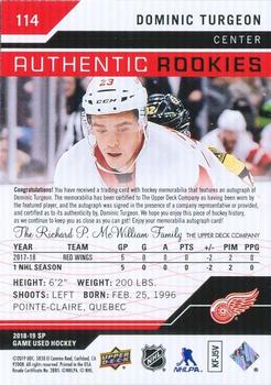 2018-19 SP Game Used - Red Autograph Jersey #114 Dominic Turgeon Back