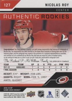 2018-19 SP Game Used - Red Autograph Jersey #127 Nicolas Roy Back