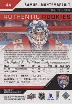 2018-19 SP Game Used - Red Autograph Jersey #144 Samuel Montembeault Back