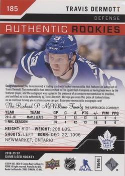 2018-19 SP Game Used - Red Autograph Jersey #185 Travis Dermott Back