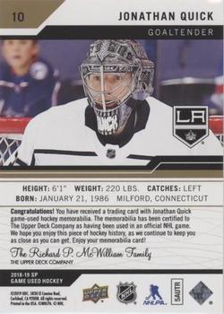 2018-19 SP Game Used - Gold Jersey Relic #10 Jonathan Quick Back
