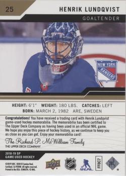 2018-19 SP Game Used - Gold Jersey Relic #25 Henrik Lundqvist Back
