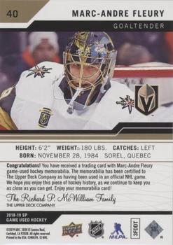 2018-19 SP Game Used - Gold Jersey Relic #40 Marc-Andre Fleury Back