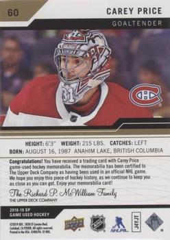 2018-19 SP Game Used - Gold Jersey Relic #60 Carey Price Back