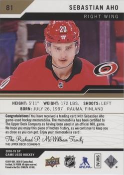 2018-19 SP Game Used - Gold Jersey Relic #81 Sebastian Aho Back