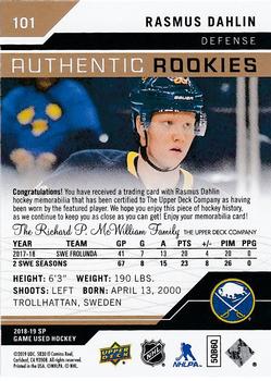 2018-19 SP Game Used - Gold Jersey Relic #101 Rasmus Dahlin Back