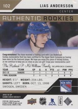 2018-19 SP Game Used - Gold Jersey Relic #102 Lias Andersson Back