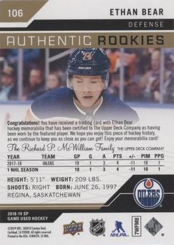 2018-19 SP Game Used - Gold Jersey Relic #106 Ethan Bear Back