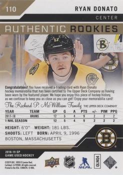 2018-19 SP Game Used - Gold Jersey Relic #110 Ryan Donato Back