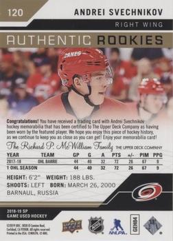 2018-19 SP Game Used - Gold Jersey Relic #120 Andrei Svechnikov Back