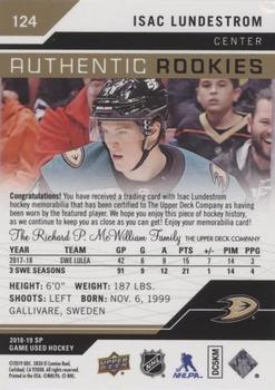 2018-19 SP Game Used - Gold Jersey Relic #124 Isac Lundestrom Back