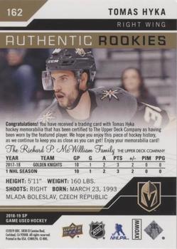 2018-19 SP Game Used - Gold Jersey Relic #162 Tomas Hyka Back