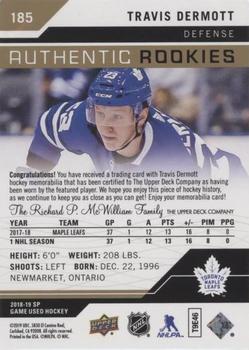 2018-19 SP Game Used - Gold Jersey Relic #185 Travis Dermott Back