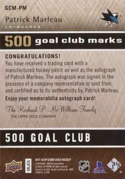 2018-19 SP Game Used - 500 Goal Club Marks #GCM-PM Patrick Marleau Back