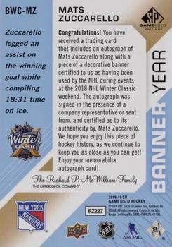 2018-19 SP Game Used - Banner Year Jumbo Relic Auto 2018 NHL Winter Classic #BWC-MZ Mats Zuccarello Back
