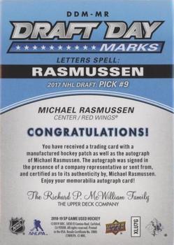 2018-19 SP Game Used - Draft Day Marks Rookies #DDM-MR Michael Rasmussen Back