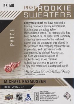 2018-19 SP Game Used - Inked Rookie Sweaters Patch #RS-MR Michael Rasmussen Back