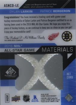 2018-19 SP Game Used - 2016 NHL All-Star Game Net Cord Duals #ASNCD-LE Dylan Larkin / Patrice Bergeron Back