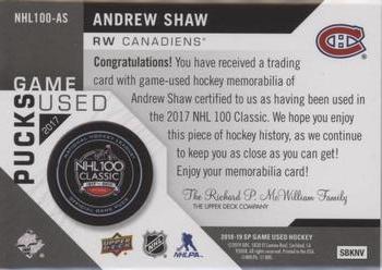 2018-19 SP Game Used - 2017 NHL 100th Classic Game-Used Pucks #NHL100-AS Andrew Shaw Back