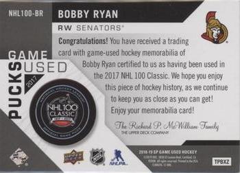 2018-19 SP Game Used - 2017 NHL 100th Classic Game-Used Pucks #NHL100-BR Bobby Ryan Back