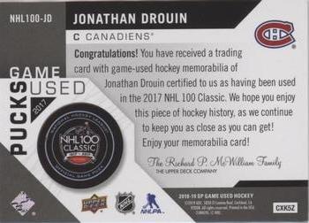 2018-19 SP Game Used - 2017 NHL 100th Classic Game-Used Pucks #NHL100-JD Jonathan Drouin Back