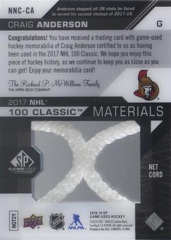 2018-19 SP Game Used - 2017 NHL 100th Classic Material Net Cords #NNC-CA Craig Anderson Back