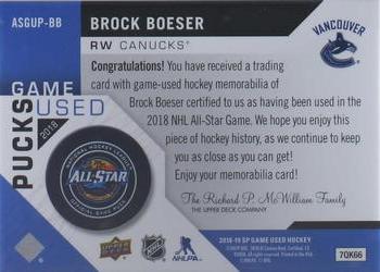 2018-19 SP Game Used - 2018 NHL All-Star Game-Used Pucks #ASGUP-BB Brock Boeser Back