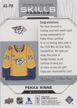 2018-19 SP Game Used - 2018 NHL All-Star Skills Fabrics #AS-PR Pekka Rinne Back