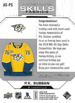 2018-19 SP Game Used - 2018 NHL All-Star Skills Fabrics #AS-PS P.K. Subban Back