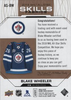 2018-19 SP Game Used - 2018 NHL All-Star Skills Fabrics Patch #AS-BW Blake Wheeler Back
