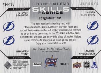 2018-19 SP Game Used - 2018 NHL All-Star Skills Fabrics Quad #AS4-TBL Steven Stamkos / Nikita Kucherov / Brayden Point / Andrei Vasilevskiy Back