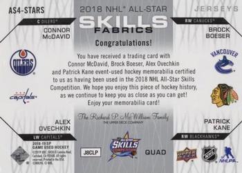 2018-19 SP Game Used - 2018 NHL All-Star Skills Fabrics Quad #AS4-STARS Connor McDavid / Brock Boeser / Alex Ovechkin / Patrick Kane Back