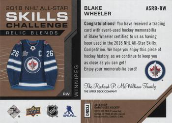 2018-19 SP Game Used - 2018 NHL All-Star Skills Relic Blends Jumbo Patch #ASRB-BW Blake Wheeler Back