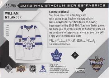 2018-19 SP Game Used - 2018 NHL Stadium Series Fabrics #SS-WN William Nylander Back