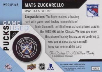 2018-19 SP Game Used - 2018 NHL Winter Classic Game-Used Pucks #WCGUP-MZ Mats Zuccarello Back
