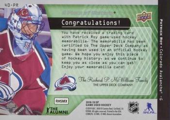 2018-19 SP Game Used - A Piece of History Relics 40 Win Season Club #40-PR Patrick Roy Back