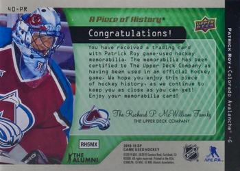 2018-19 SP Game Used - A Piece of History Relics 40 Win Season Club Patch #40-PR Patrick Roy Back