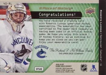 2018-19 SP Game Used - A Piece of History Relics 40 Win Season Club Patch #40-RL Roberto Luongo Back
