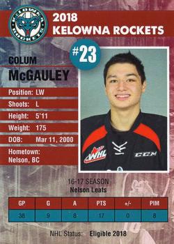 2017-18 Kelowna Rockets (WHL) #NNO Colum McGauley Back