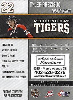 2017-18 Medicine Hat Tigers (WHL) #9 Tyler Preziuso Back